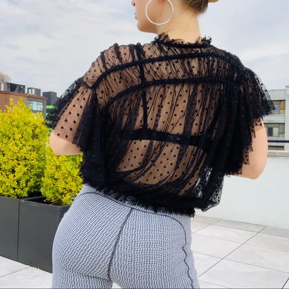 Hat or Top Free People Sheer Polka Dot Tulle Ruffle Cinch Top - Picture 7 of 16